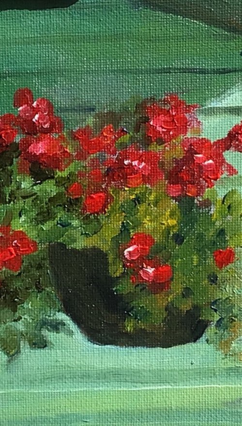 Red Geraniums, an original oil painting by Julian Lovegrove Art