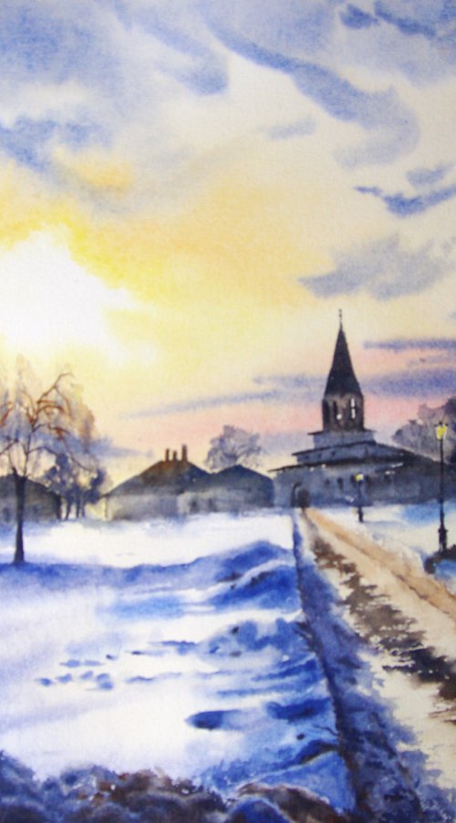 Winter landscape watercolor original painting by Elena Gaivoronskaia