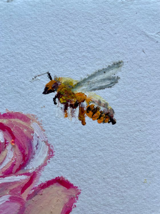 Rose Original Oil Pastel Painting, Bee Illustration, Valentines Day Gift for Her, Cottagecore Wall Art