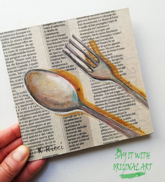 "Fork and Spoon on Newspaper" Original Oil on Wooden Board Painting 6 by 6"(15x15cm)