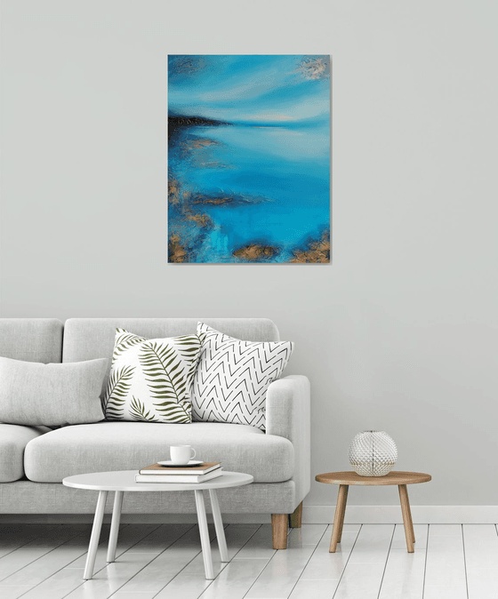 A XL large original modern semi abstract painting "Fifty shades of blue"