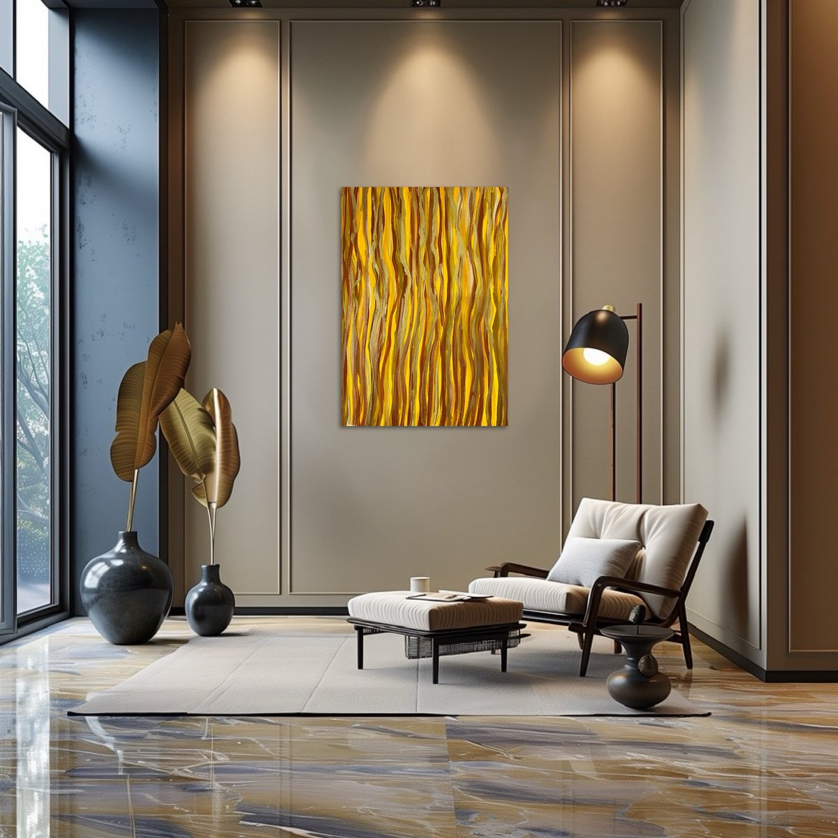 Abstract Acrylic Painting By Exclusive Arts, 20 X 28, Hand-Painted Yellow Gold, Original Artwork