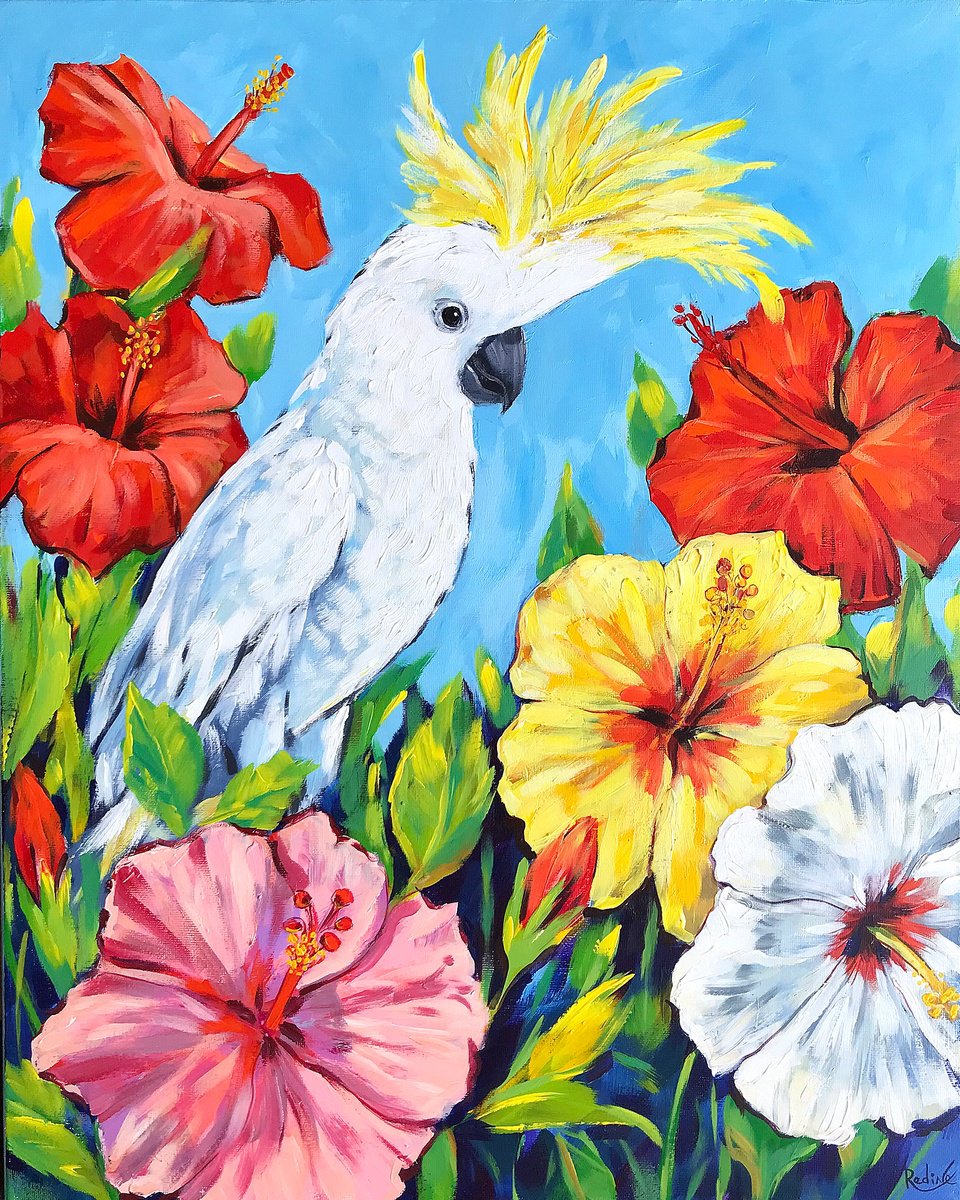 Impressionistic Animal Acrylic Painting By Irina Redine, 16 X 20, Cockatoo In Hibiscus Flowers, Original Artwork