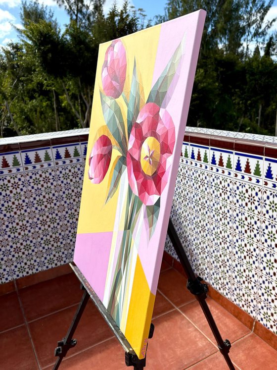 BOUQUET OF PINK TULIPS IN A VASE ON YELLOW