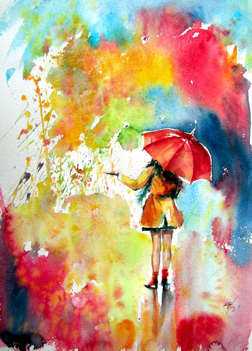 Impressionistic Watercolour , Colorful Rain With A Girl By Kovacs Anna Brigitta, 14 X 20, Artwork For Sale On Artfinder