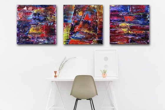 "Deep In Thought" - FREE WORLDWIDE SHIPPING - Original Large PMS Abstract Triptych Oil Paintings On Canvas - 60" x 20"