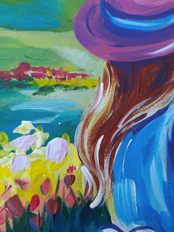 Peace - acrylic painting, child, tulips, childhood, girl, children, woman, flowers, tulips field