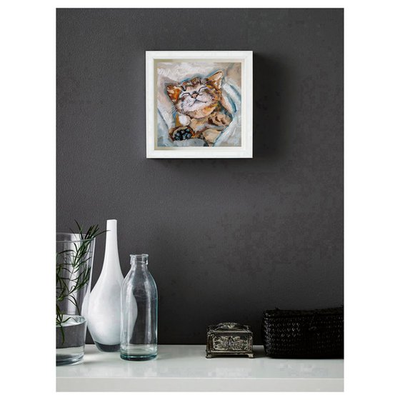 Sleeping Kitten Artwork Cat Oil Painting Funny Pet Wall Art