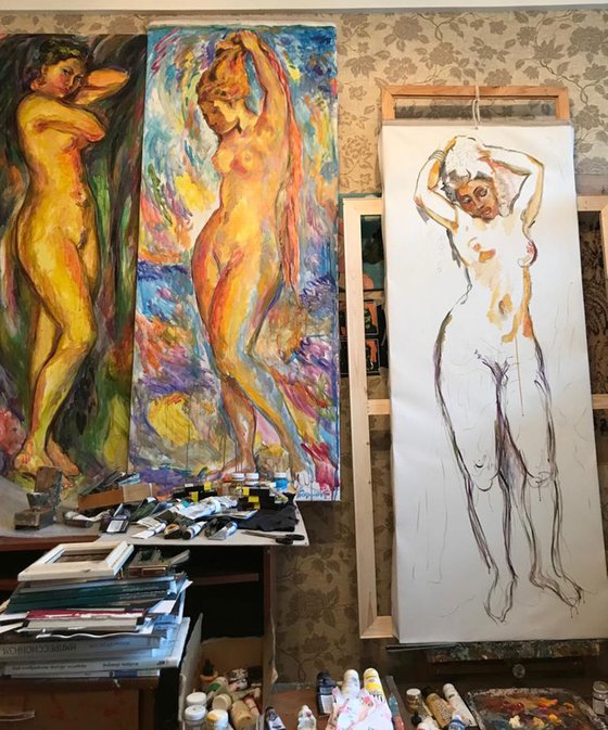 BY THE OCEAN - Aquarius zodiac sign -nude art, original oil painting large size