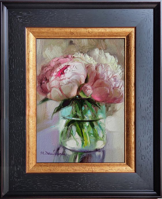 Peony pink floral wall art painting original, Framed peony painting