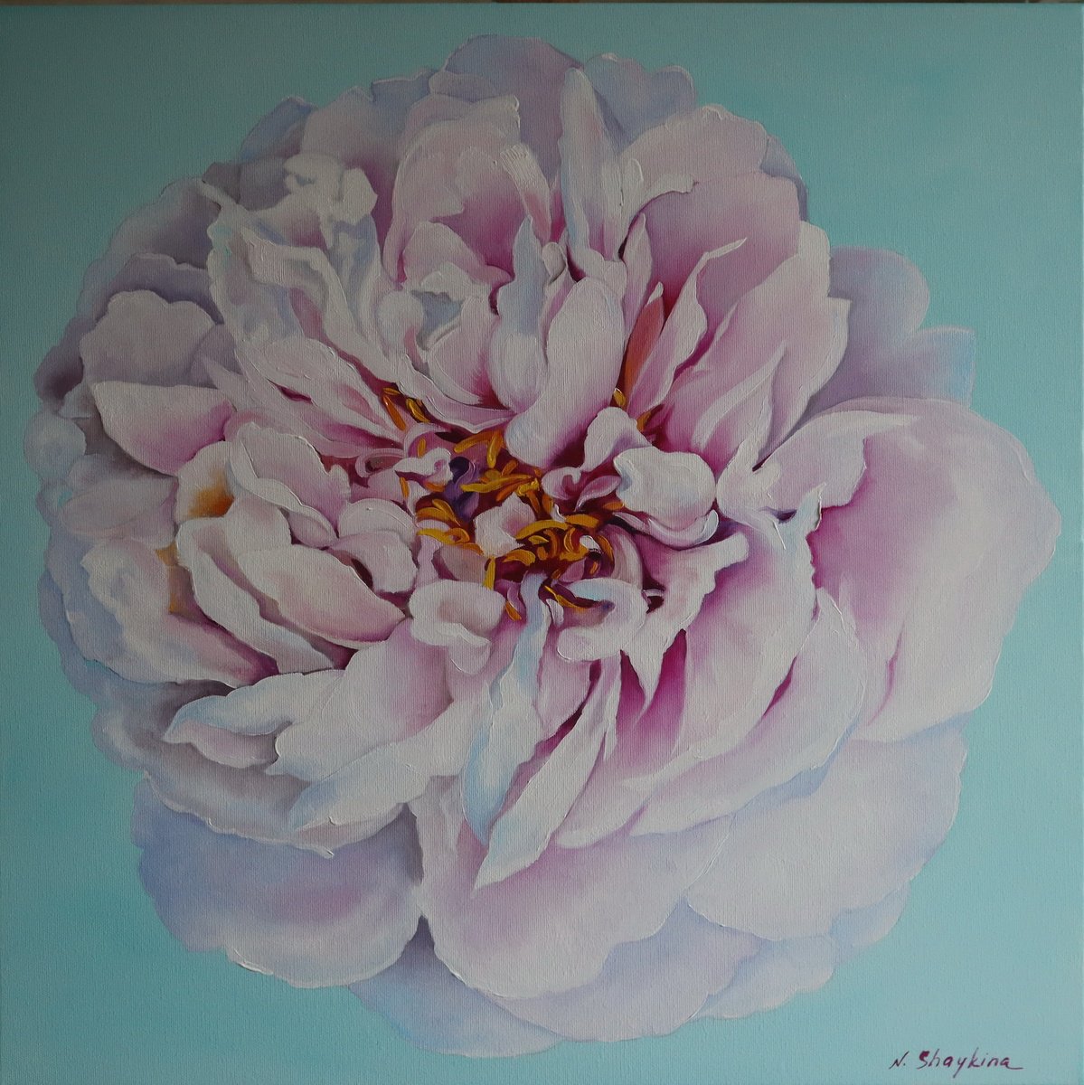 Impressionistic Botanical Oil Painting By Natalia Shaykina, 24 X 24", Peony Flower Close-Up, Original Artwork