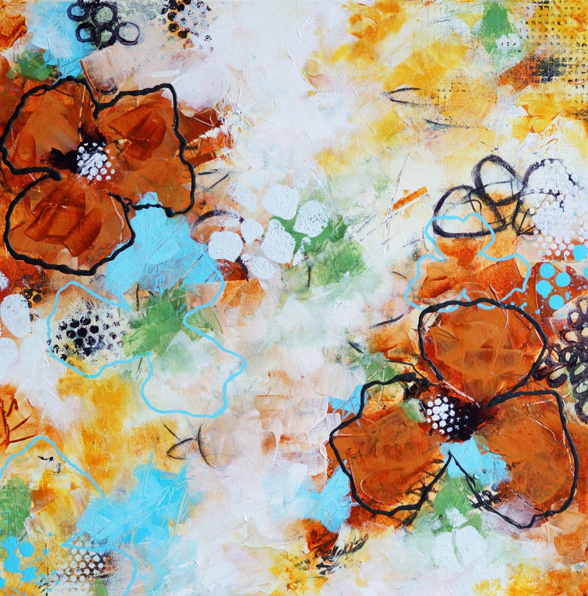 Abstract Botanical Acrylic Painting By Vera Hoi, 17 X 17", "Flowers For A Loved One", Original Artwork