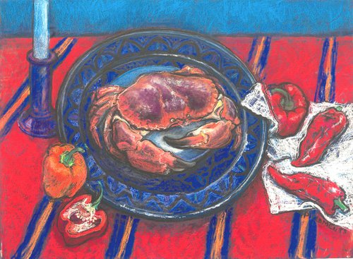 Crab, candle and Chilies on red by Patricia Clements