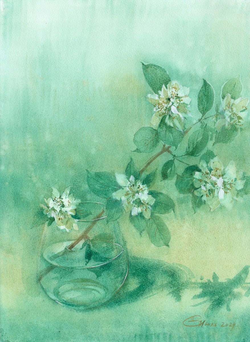 Impressionistic Watercolour , Branch Of Jasmine By Tatyana Tokareva, 12 X 16, Artwork For Sale On Artfinder