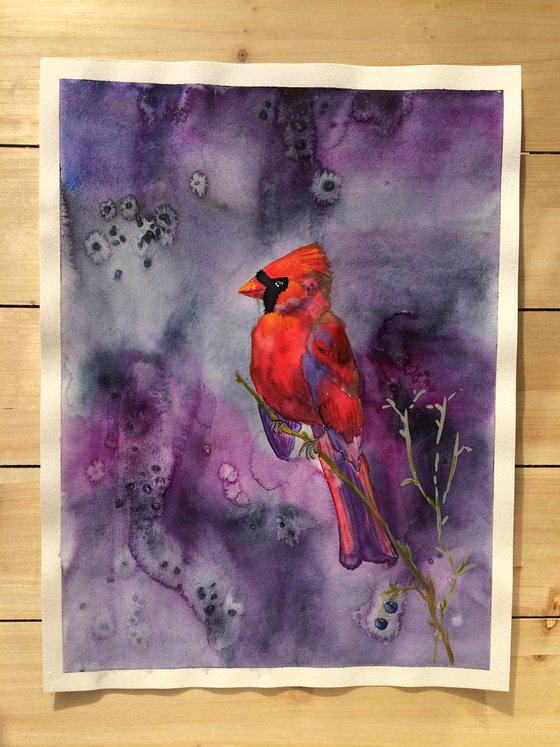 Bird watercolor painting - Red Cardinal wall art - Christmas gift for bird lover