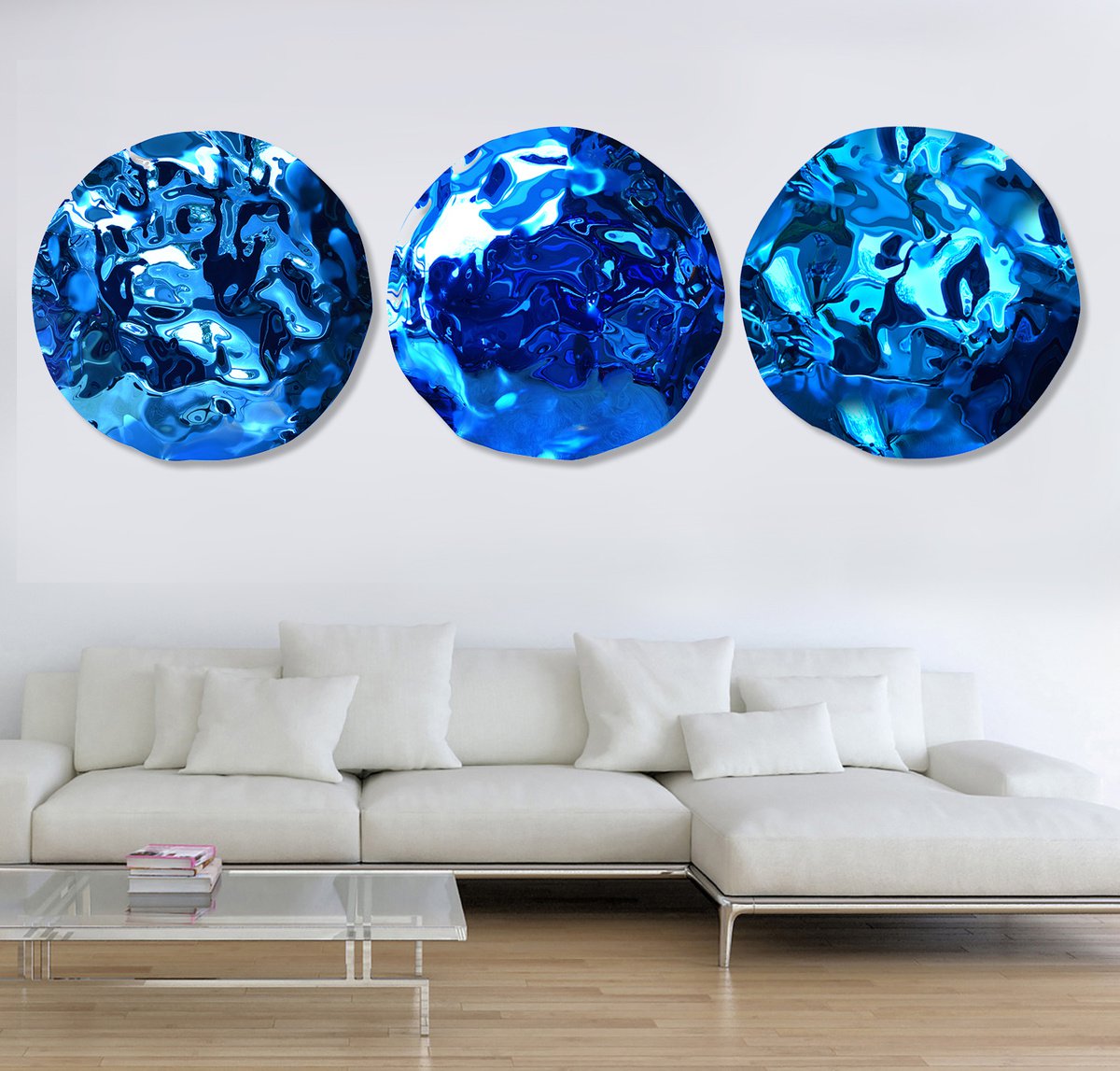 Blue reflections Turquoise Triptych 270 cm x 90 cm Unique Sculptural Large 3-Dimensional C... by Anna Sidi-Yacoub