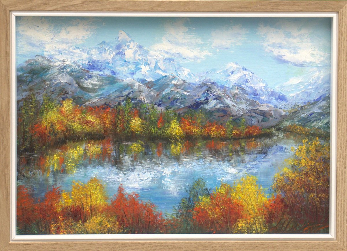 Photorealistic Landscape Oil Painting By Ludmilla Ukrow, 13 X 9", Autumn On Mountain Lake, Original Artwork