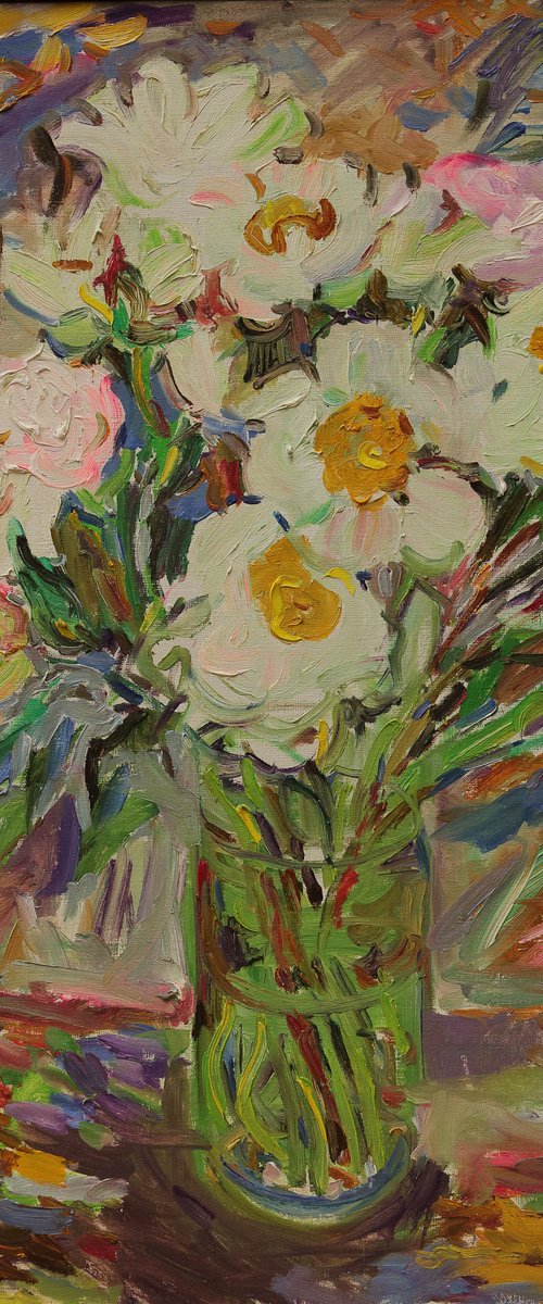 Bouquet - Still Life - Flowers in vase - Medium Size - Oil Painting - Gift Art - Living Room Decor by Karakhan