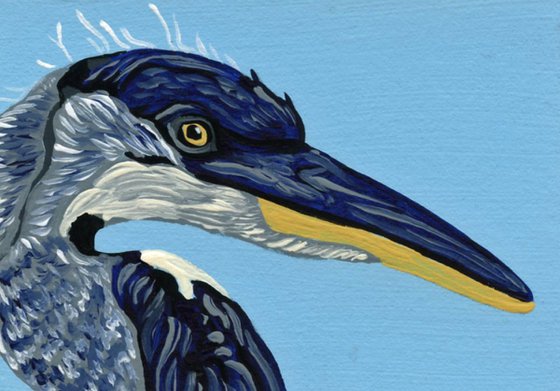 ACEO ATC Original Miniature Painting Great Blue Heron Bird Wildlife Art-Carla Smale