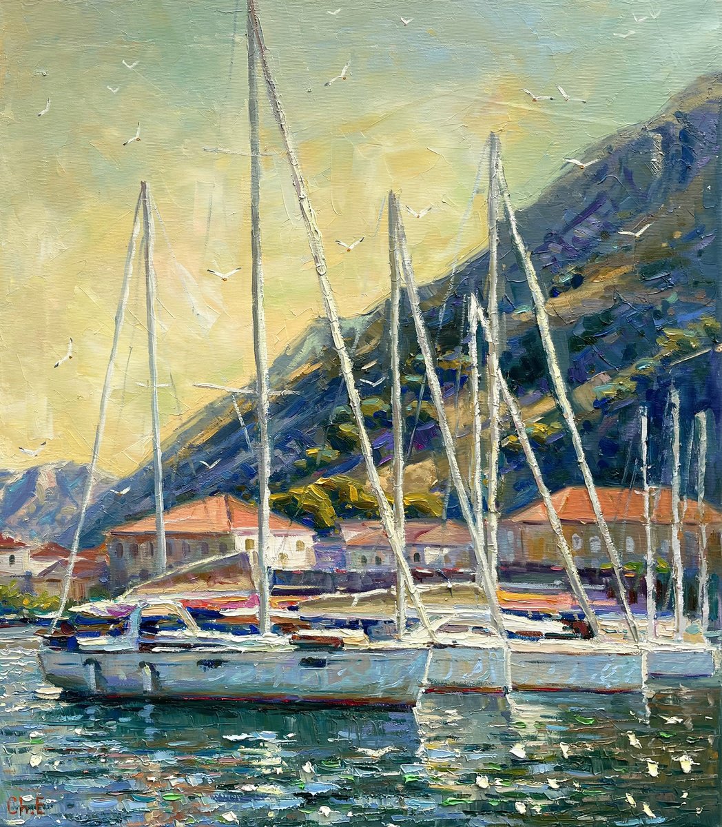 Impressionistic Landscape Oil Painting By Evgeny Chernyakovsky, 24 X 27, Yachts At The Berth, Original Artwork