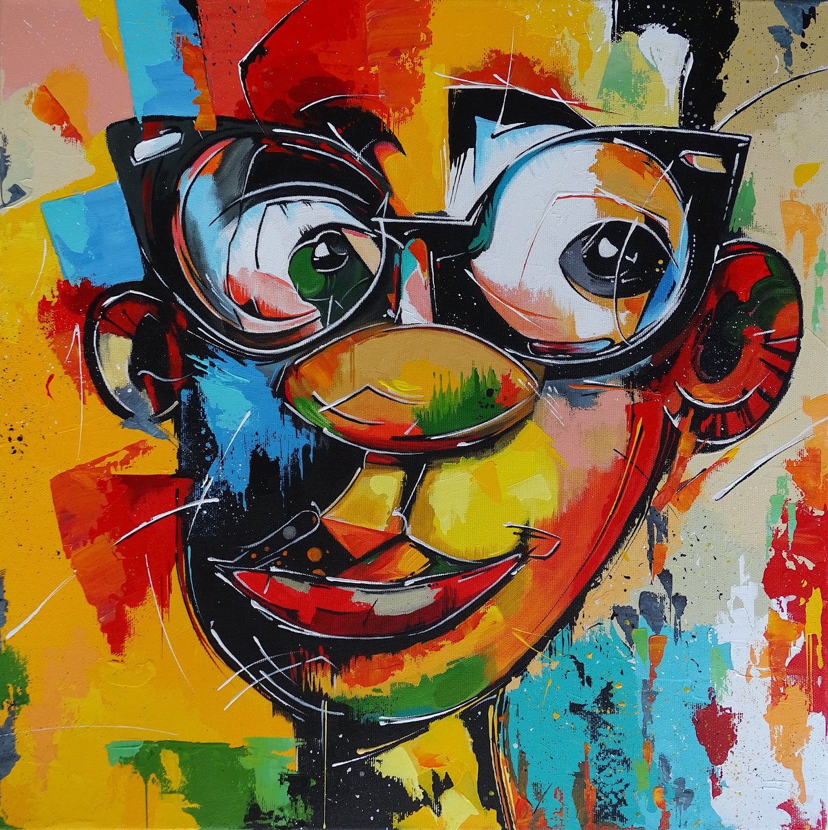 Abstract Portrait Acrylic Painting By Livien Rozen, 20 X 20", "No Way!", Original Artwork