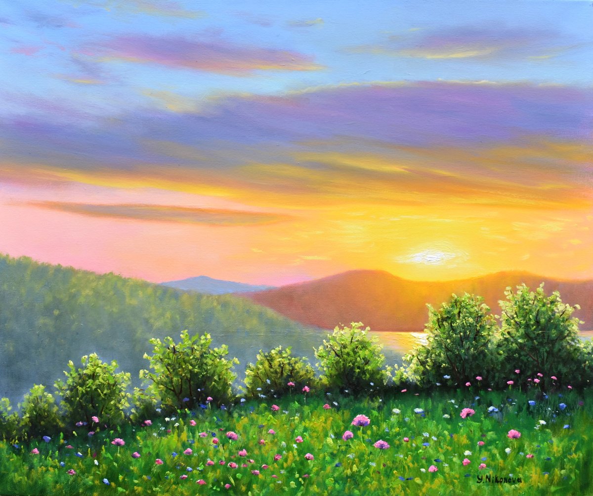 Impressionistic Landscape Oil Painting By Yulia Nikonova, 24 X 20", Radiant Sunset, Original Artwork