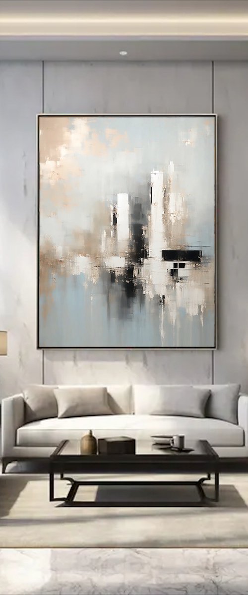 Abstract Cityscape in Blue Grey and Beige by Indie Ru