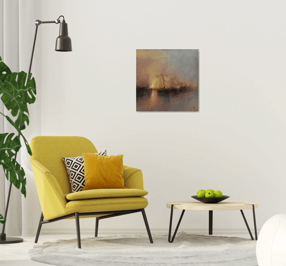 " Harbor of destroyed dreams - Hazy morning " W 70 x H 70 cm