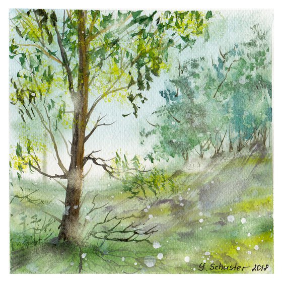 Seasons. Set of 4 small watercolor landscape paintings (size 15*15 cm each)