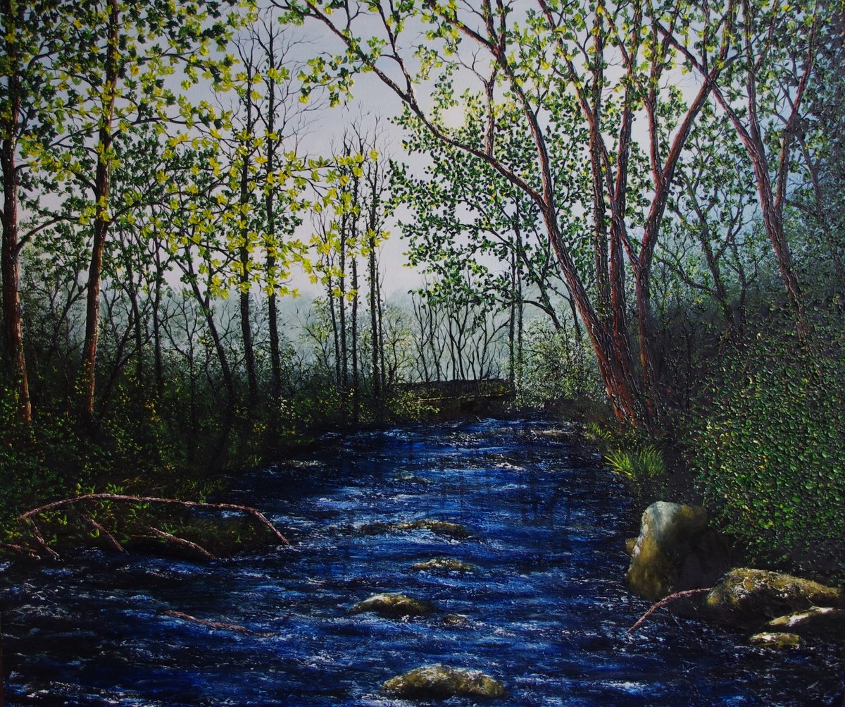 Impressionistic Landscape Oil Painting By Hazel Thomson, 47 X 39, Forest River, Original Artwork