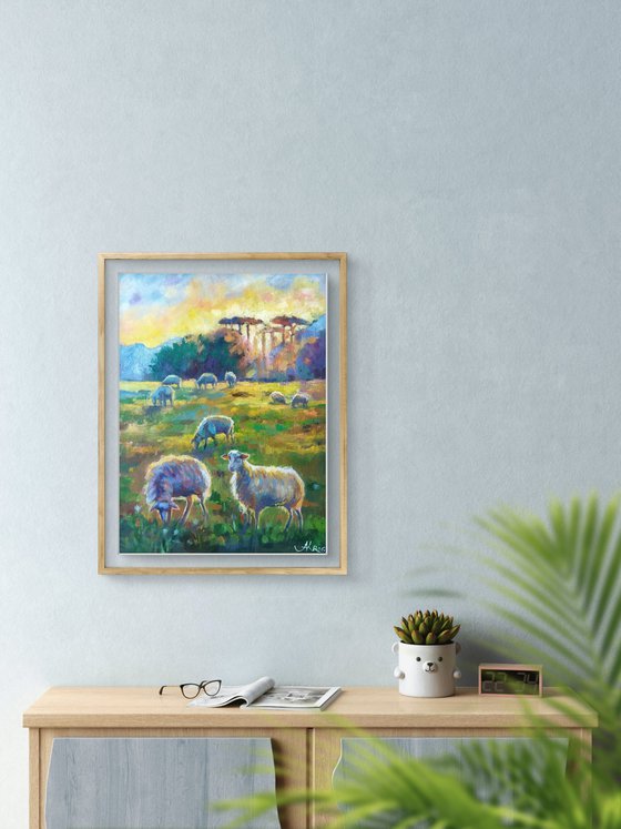 Sunlit Meadow with Sheep