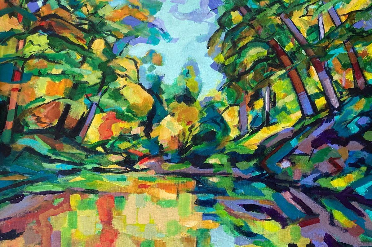 Expressive Landscape Acrylic Painting By Stuart Roper, 30 X 20", Lake In Bodnant, Original Artwork