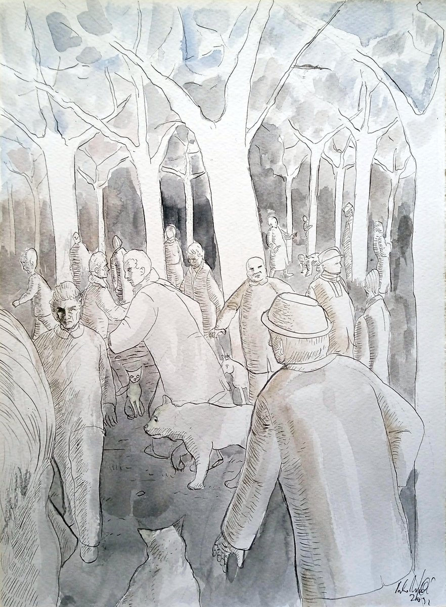Illustrative Portrait Ink Drawing By Paolo Beneforti, 9 X 13", Crowded Wood, Original Artwork