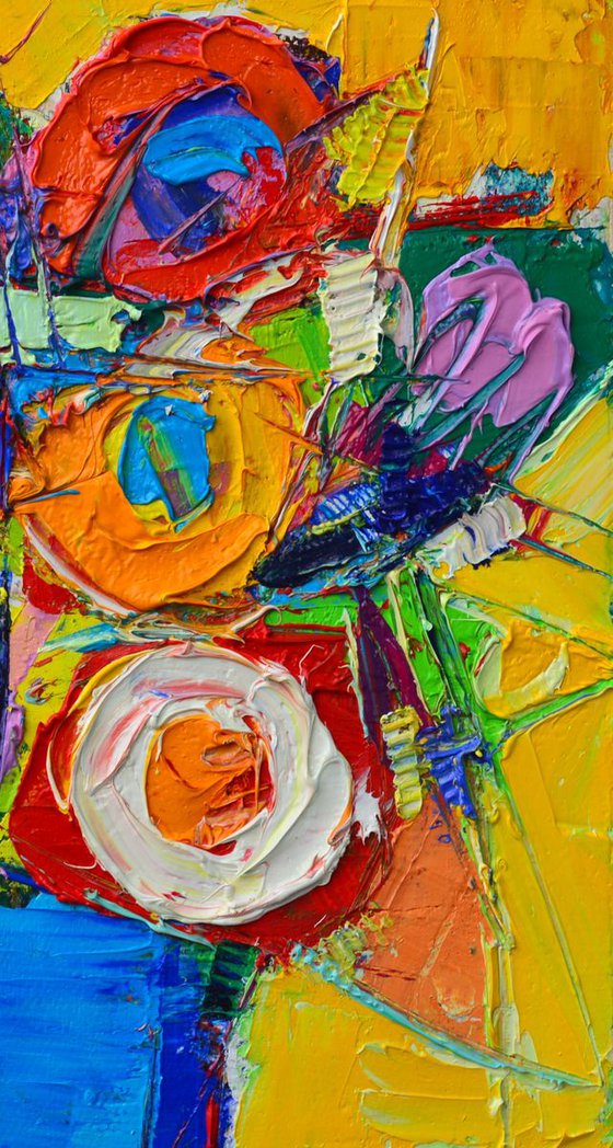 COLOURFUL ABSTRACT FLOWERS  - contemporary floral geometry expressionist gestural impasto palette knife original oil painting