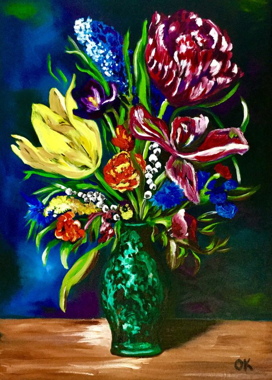 Bouquet of summer flowers in a malachite vase