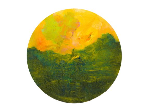 Green landscape with yellow sky - oil on circular canvas