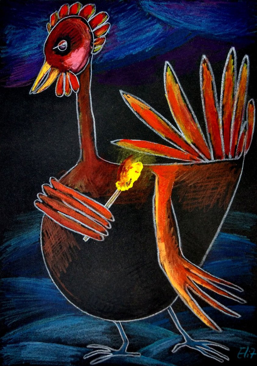 Animal Drawing By Elisheva Nesis, 9 X 13, Fire Rooster, Original Artwork