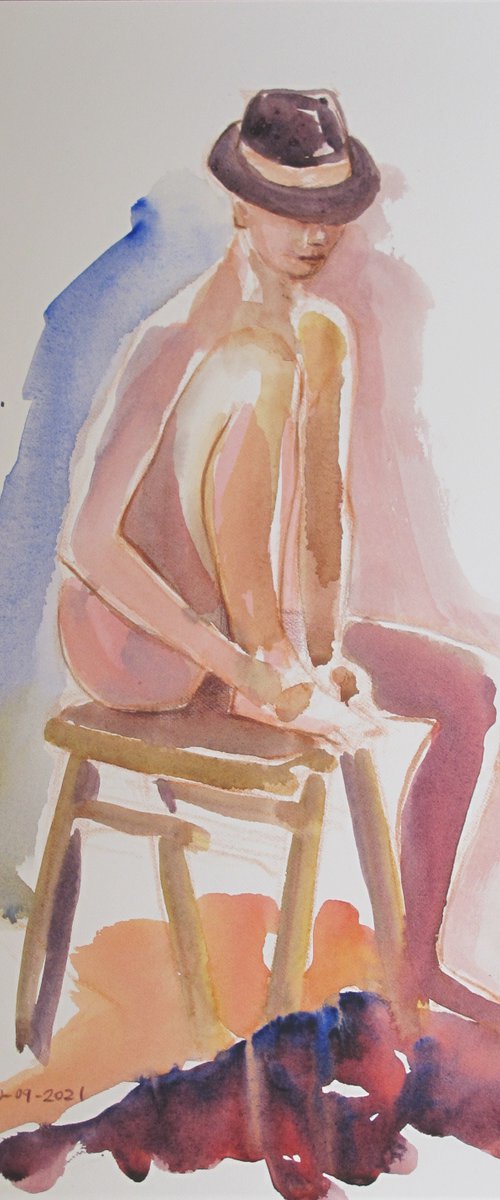 Seated female nude with hat by Rory O’Neill