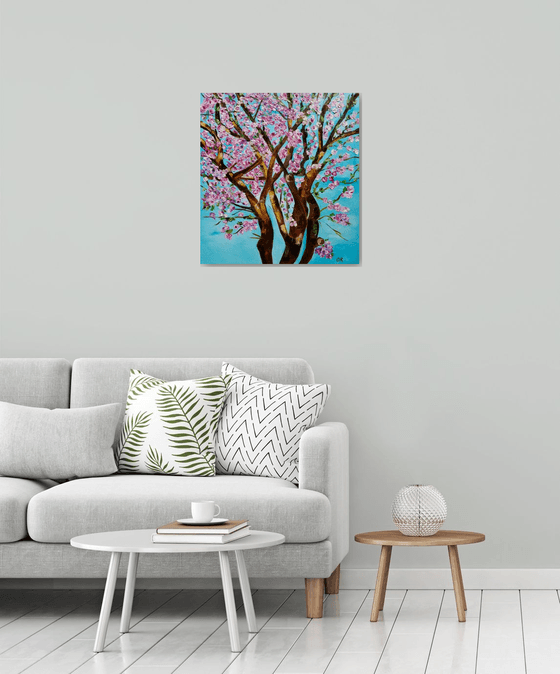 CHERRY  blossom , spring in London white, pink, turquoise 62x66cm ready to hang oil painting