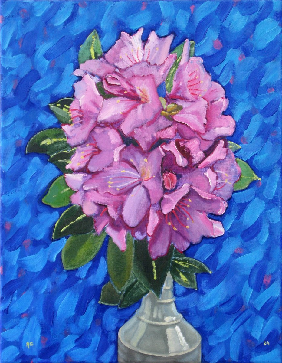Botanical Oil Painting By Richard Gibson, 14 X 18", Rhododendron Against Blue, Original Artwork