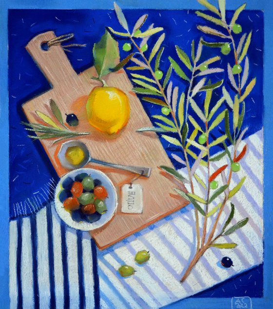 still life with olives and lemon.