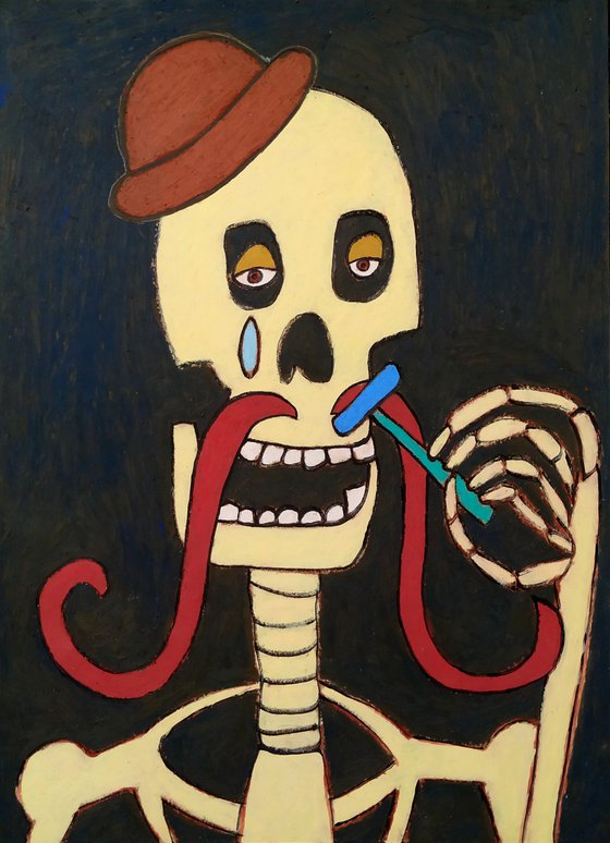 A skeleton shaving off a mustache