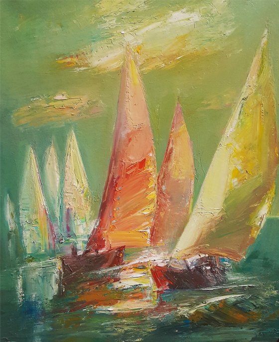 Sailboats (60x50, oil painting, ready to hang)