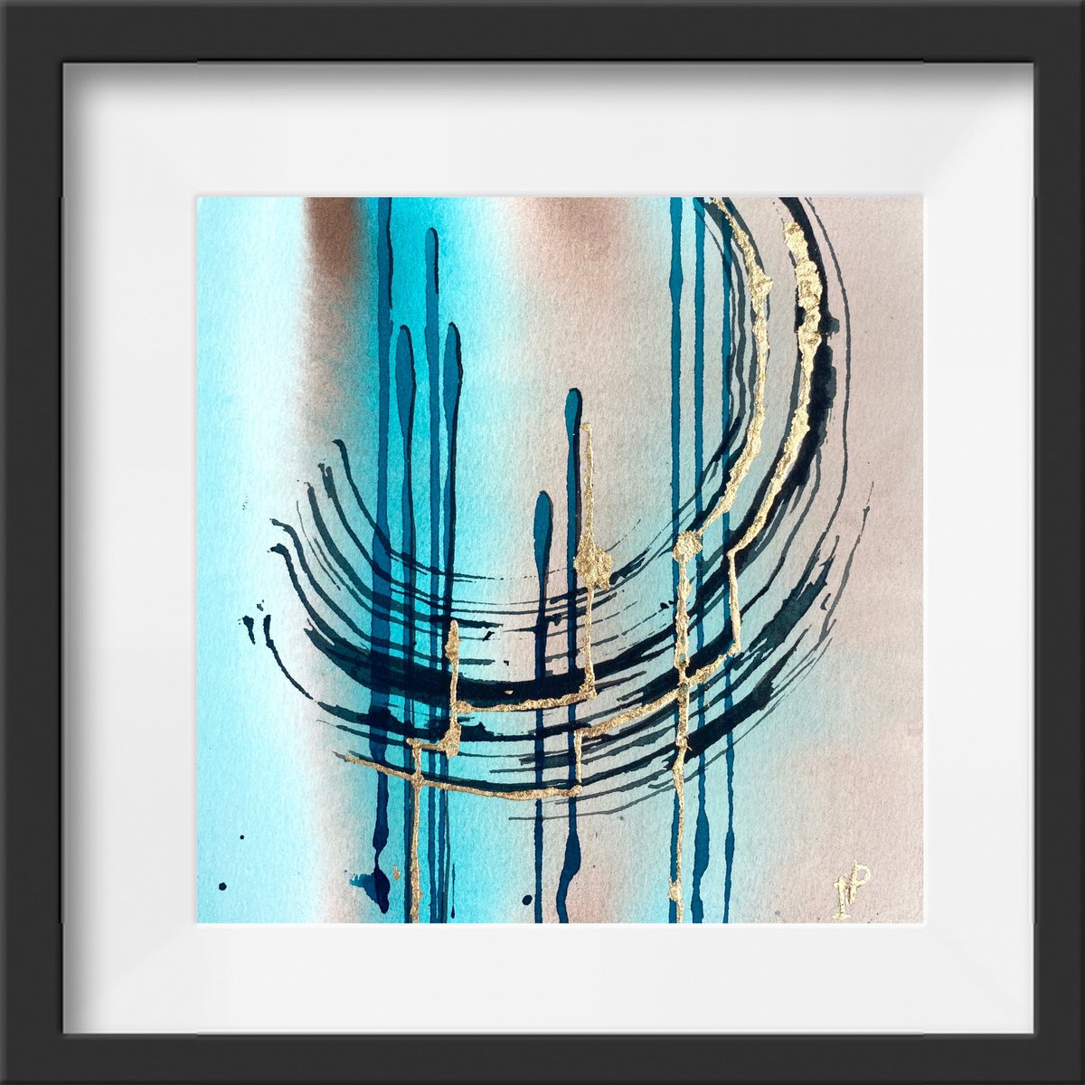 Modern watercolor abstraction in blue and brown colores with gold brass leaf 18,5 x 18,5cm by Irina Povaliaeva