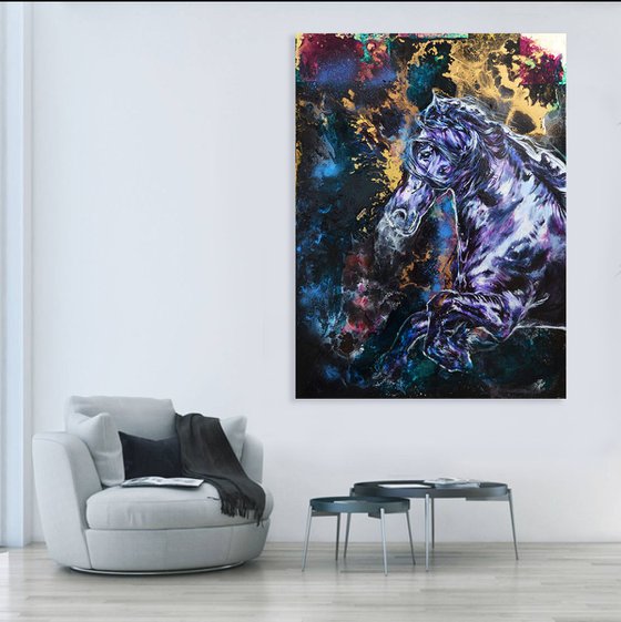Libre et fier / Friesian Original Horse painting Large / Modern Equine Contemporary Wall Art by Anna Sidi