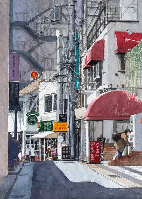 Shopping Alley with Red Awnings 30x40cm