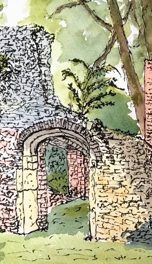 Ancient ruins in the park. An original ink and watercolour painting. by Julian Lovegrove Art