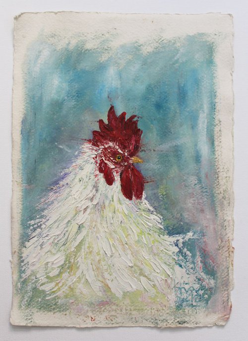 White Rooster - Cock Oil painting on Khadi Handmade deckled edged paper - bird art - Easter - special cockerel by Vikashini Palanisamy