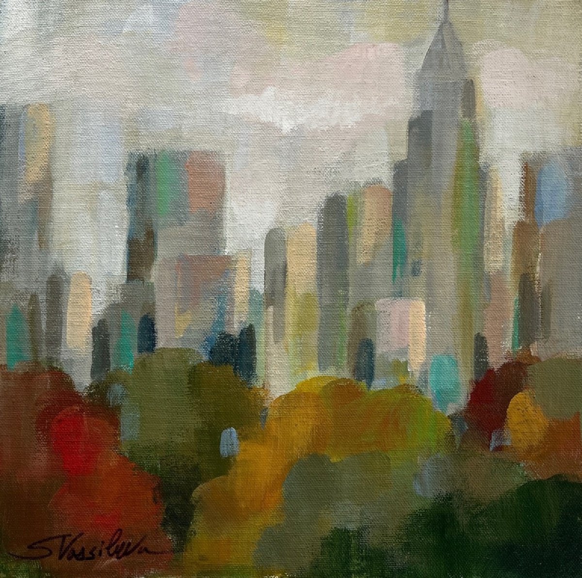 Expressive Cityscapes Acrylic Painting By Silvia Vassileva, 12 X 12", New York - Central Park I, Original Artwork