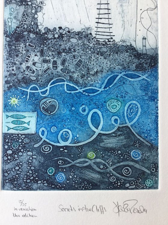 Heike Roesel "Secrets in the cliffs", fine art etching in 2 editions, 35 each (blue)